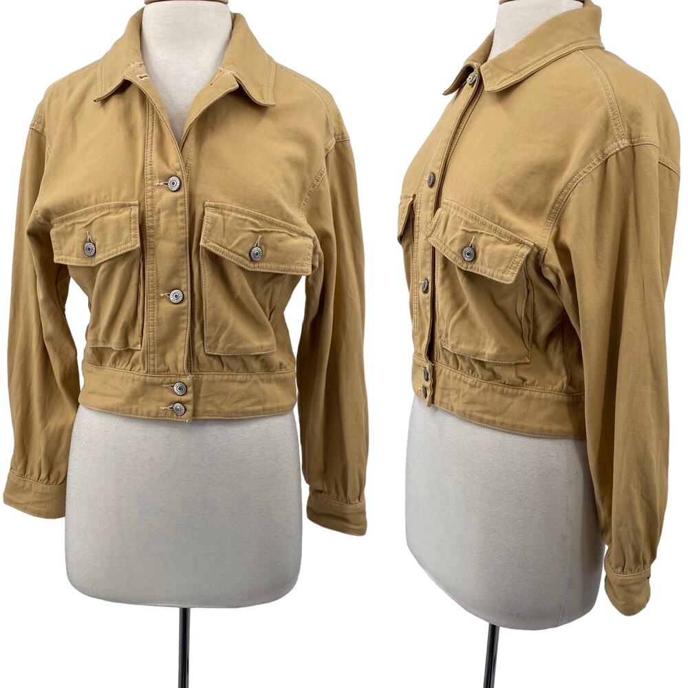Abercrombie & Fitch Cropped Jacket Cotton Button Down Cargo Tan Womens Small
